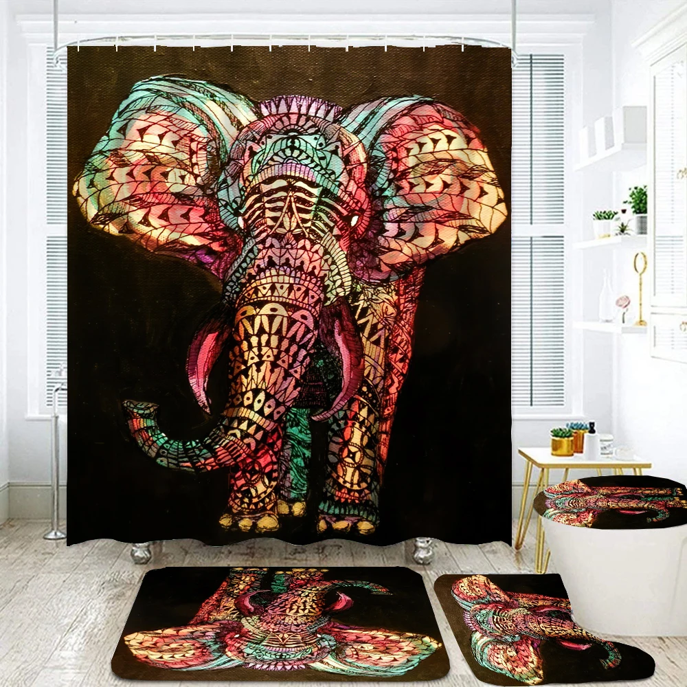 

Bohemian Elephant Printed Shower Curtain Set Non-Slip Rug Bath Mat Toilet Lid Cover 12 Hooks Waterproof Polyester Bathroom Decor