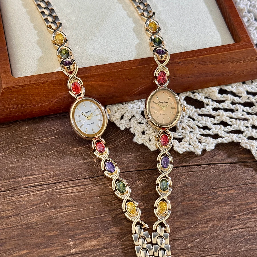 New Arrival TikTok Diamond Embedded Oval Shape Miniature Retro Rainbow Luxury Watch Elegant Compact Design Direct Sale New Arrival TikTok Diamond Embedded Oval Shape Miniature Retro Rainbow Luxury Watch Elegant Compact Design Direct Sale
