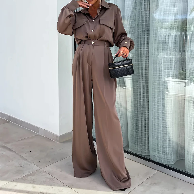 Women Casual Commuter Solid 2Pc Suit Elegant Lapel Button Shirt and Wide Legger Pant Outfits 2024 Fashion Long Sleeve Loose Set
Women Casual Commuter Solid 2Pc Suit Elegant Lapel Button Shirt and Wide Legger Pant Outfits 2024 Fashion Long Sleeve Loose Set
