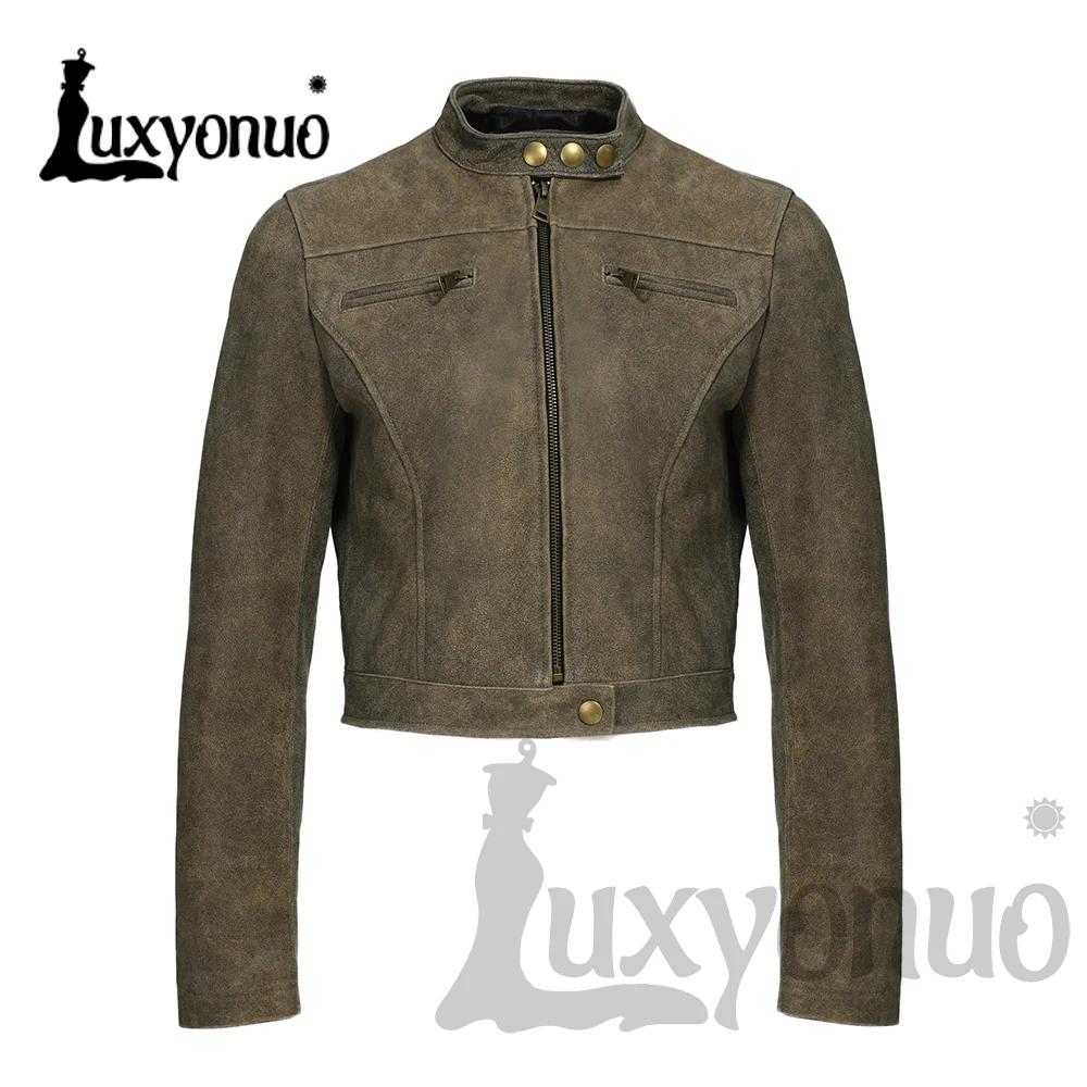 

Luxyonuo Women's Real Leather Jacket Spring Sheepskin Cropped Coat Ladies Fashion Moto Biker Zipper Jacket Genuine Leather New