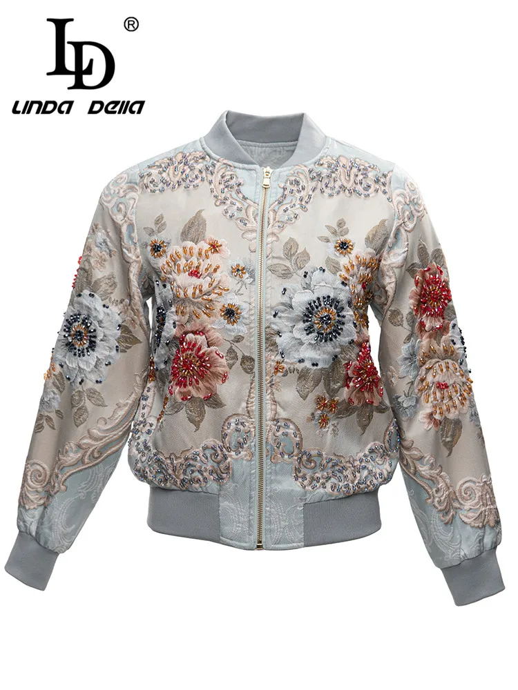 

LD LINDA DELLA 2023 Runway Fashion Designer Slim Fit Jacke Women Long Sleeve Extravagant Nail Bead Print Zipper Jacket
