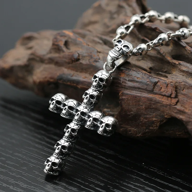 

S925 sterling silver jewelry, European and American trendsetter cross skull pendant necklace, men's gothic style Thai silver dom