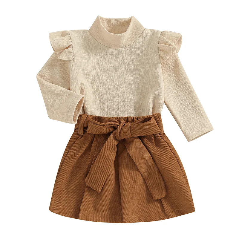 

Toddler Girl Spring 2Pcs Skirt Outfit Long Sleeve High Neck Tops with Elastic Waist Corduroy A-Line Belted Skirt Clothes