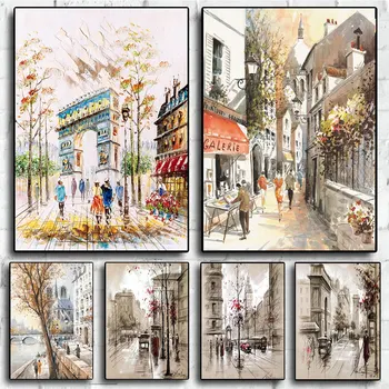 파리 세느 거리 풍경 도시 포스터 및 프린트, 북유럽 캔버스 페인팅, 벽 예술 그림, 거실 홈 장식 선물