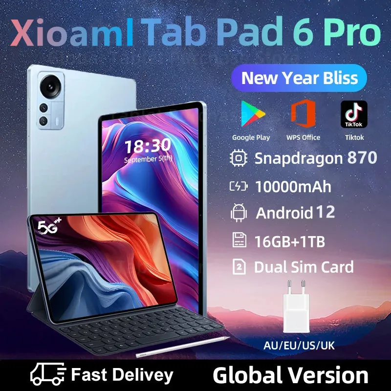 

2024 Global Version NEW Pad 6 Pro Tablet Android 12 16GB RAM+1T ROM Snapdragon 870 Tablets PC 5G Dual SIM Card or WIFI HD 4K Mi