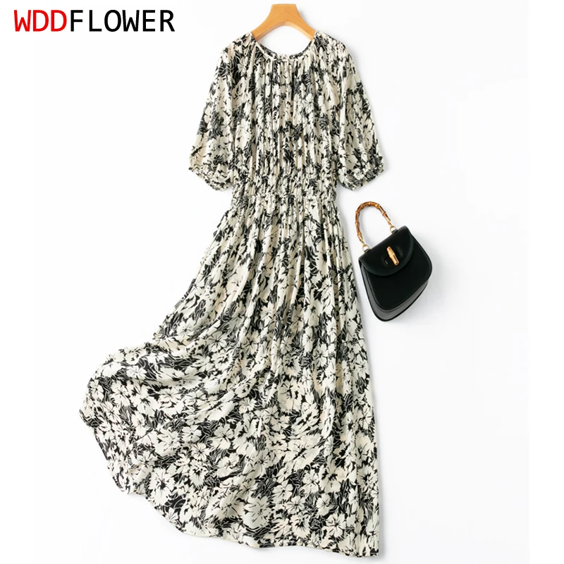 

Women Midi Dress 100% Mulberry Crepe Silk O Neck Lantern Sleeve Elastic Belted Waist Black Flower Printed Long Dress L XL M1011
