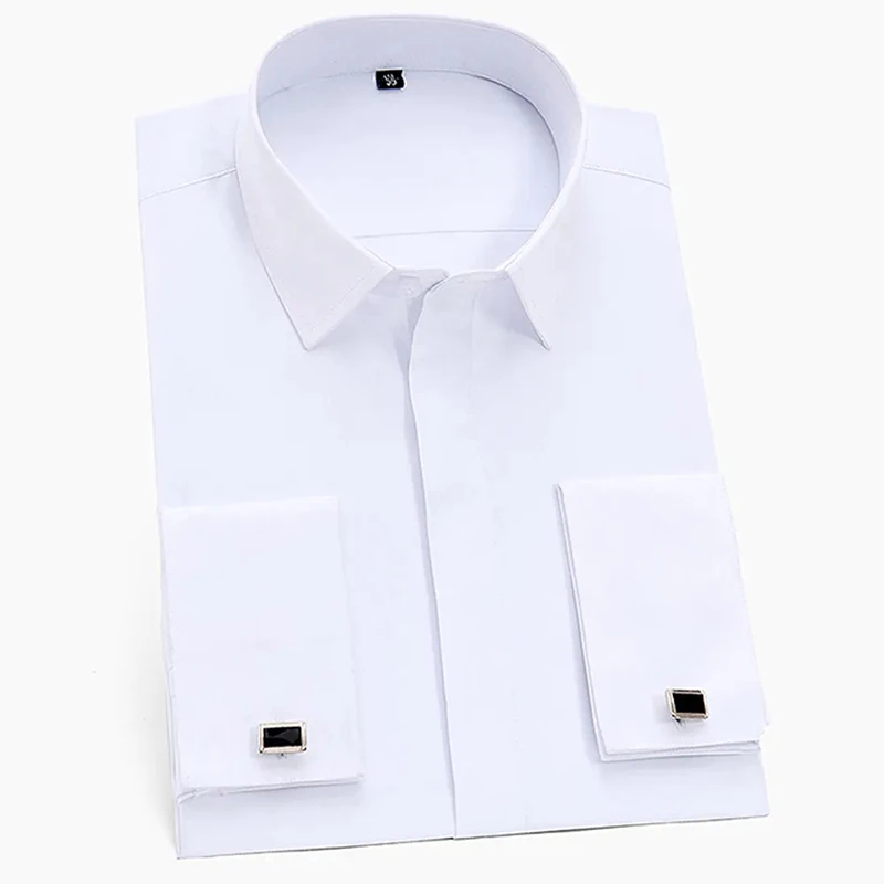 

Classic Men's French Cuff Dress Shirt Solid White Covered Placket Formal Business Regular Long Sleeve Wedding Party Shirts