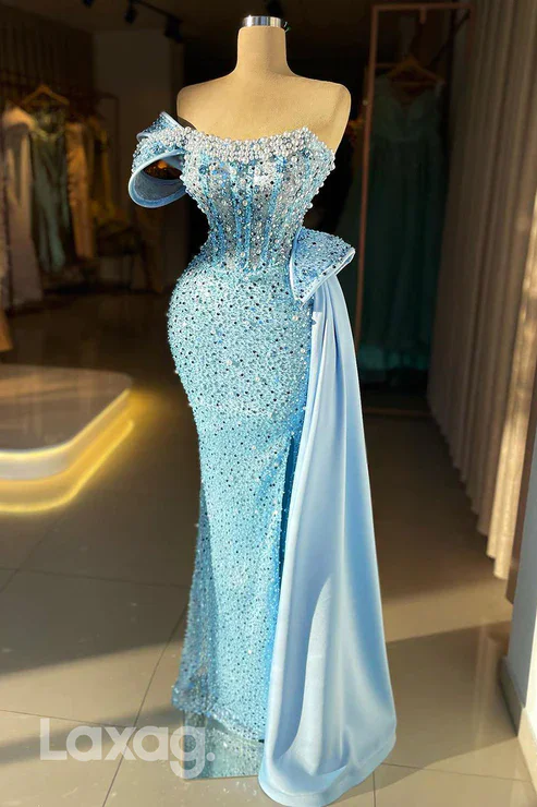 

Plus Size Arabic Aso Ebi Sky Blue Luxurious Mermaid Prom Dresses Beaded Crystals Evening Formal Party Second Reception Birthday