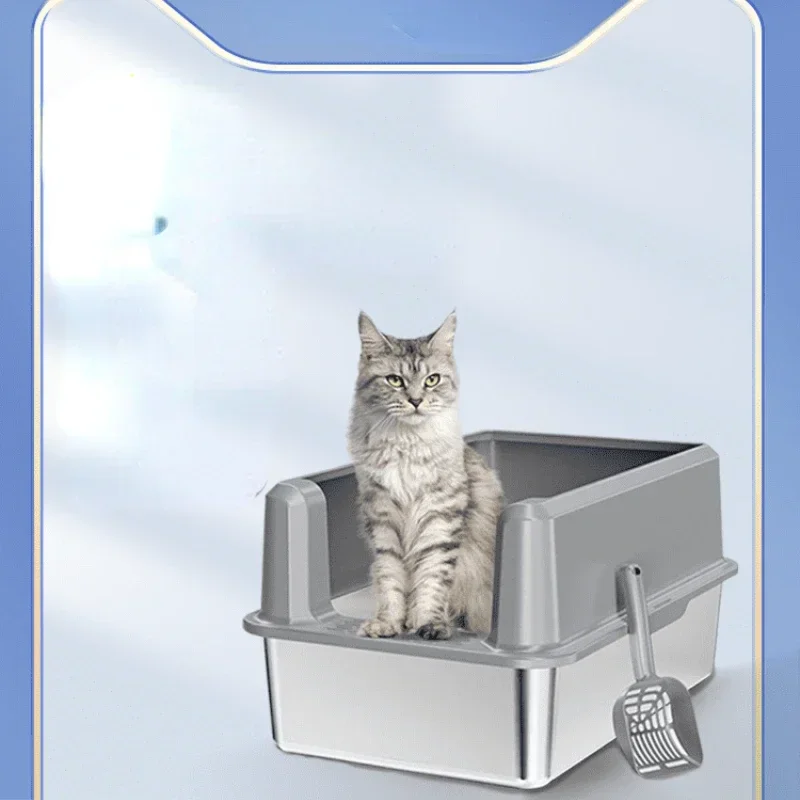

Litter Box Oversized Stainless Steel Open Cat Toilet Anti-Splash Extra Large Cat Poop Basin Cat Litter Box Enclosure