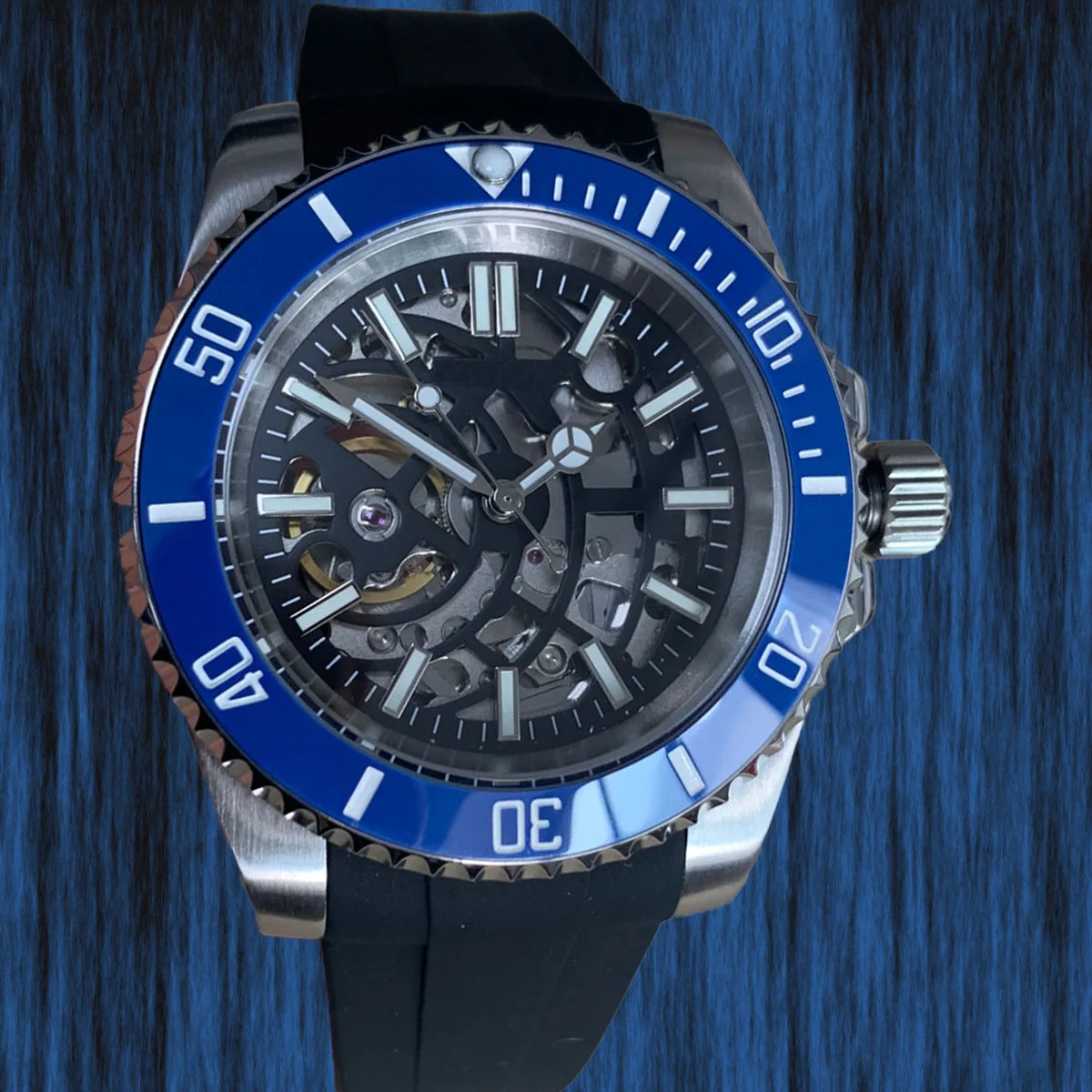 

NH70 hollow movement automatic mechanical watch 40mm Blue Treasure glass stainless steel case rubber strap