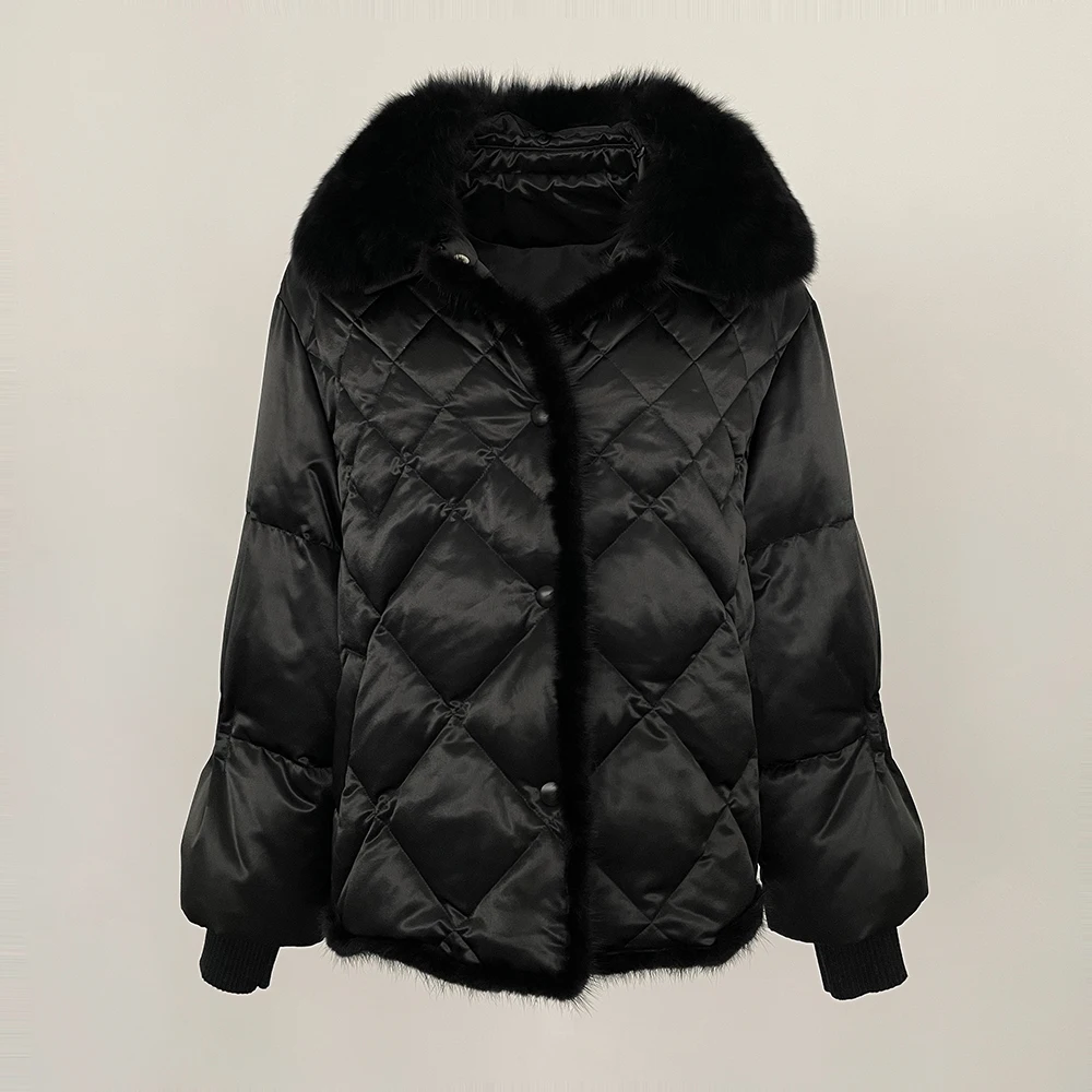 

Brand 2024 New Winter Women Satin Big Fox Fur Collar Real Natural Mink Duck Down Jacket Female Short Loose 90% Coat Outerwear
