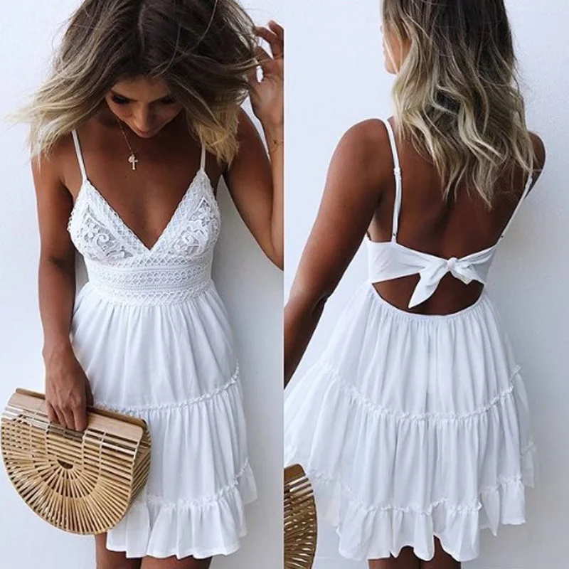 

Women Summer Dress Solid Color Crochet Spaghetti Strap V-Neck Backless Tied Braces Short Dress for Girls White