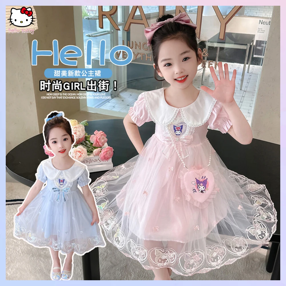 

Платье для девочки аниме Kuromi Sanrios, принцесса, сетчатая юбка, летнее милое детское платье с бантом в Корейском стиле на лето