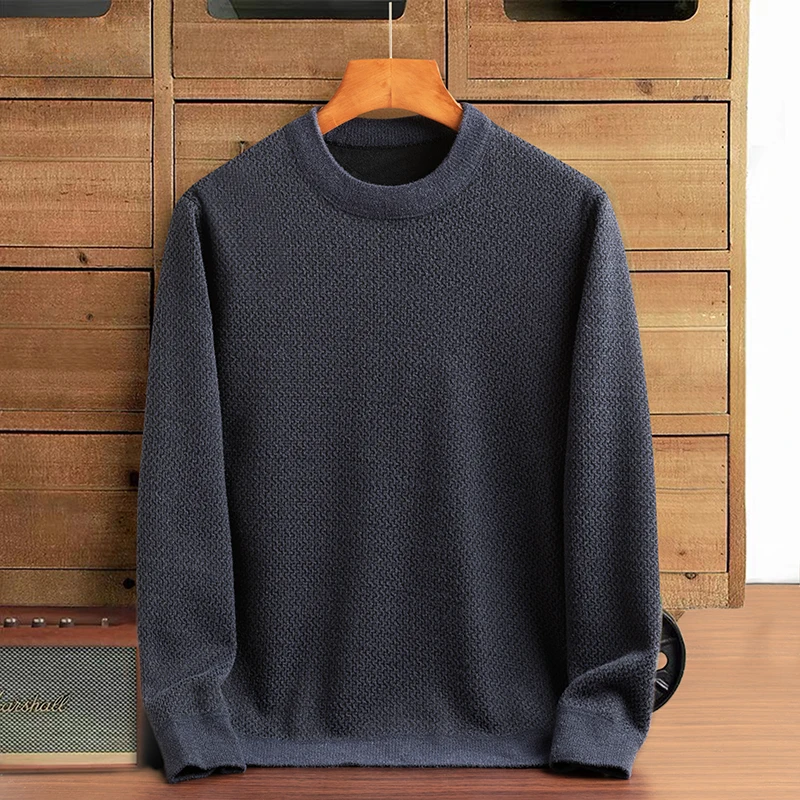 

Men Fleece Sweater Winter Blue Dark Gray Camel Blue Green Thick Soft Knitwear O-neck Textured Knitting Tops Comfy Pullover 2023