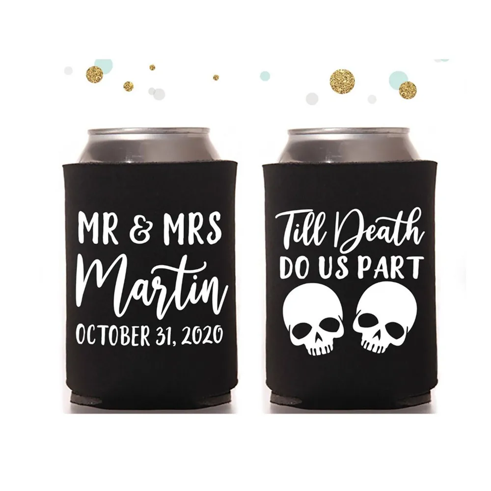 

Till Death Do Us Part - Wedding Can Cooler #175R - Custom - Halloween Wedding Favors, Insulated, Beer Huggers, Wedding Favor,