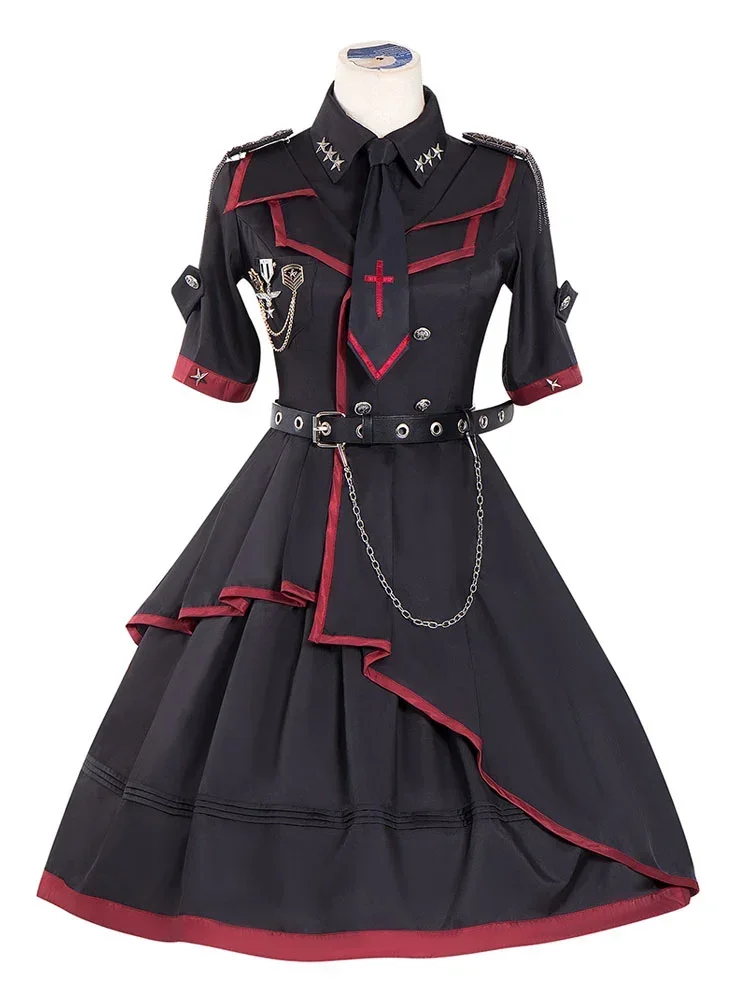 

Military Style Lolita OP Dress 3 Pieces Set Black Chains Rivets Gothic Lolita One Piece