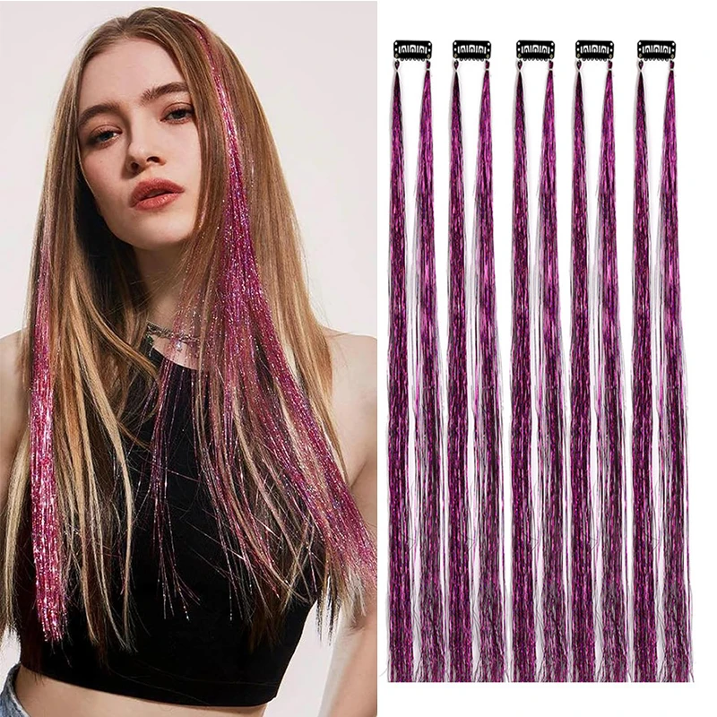 

10Pack Sparkle Tinsel Clip On In Hair Extensions for Girls Women Glitter Party Hair Accessories Rainbow Colored Bling Hair Piece