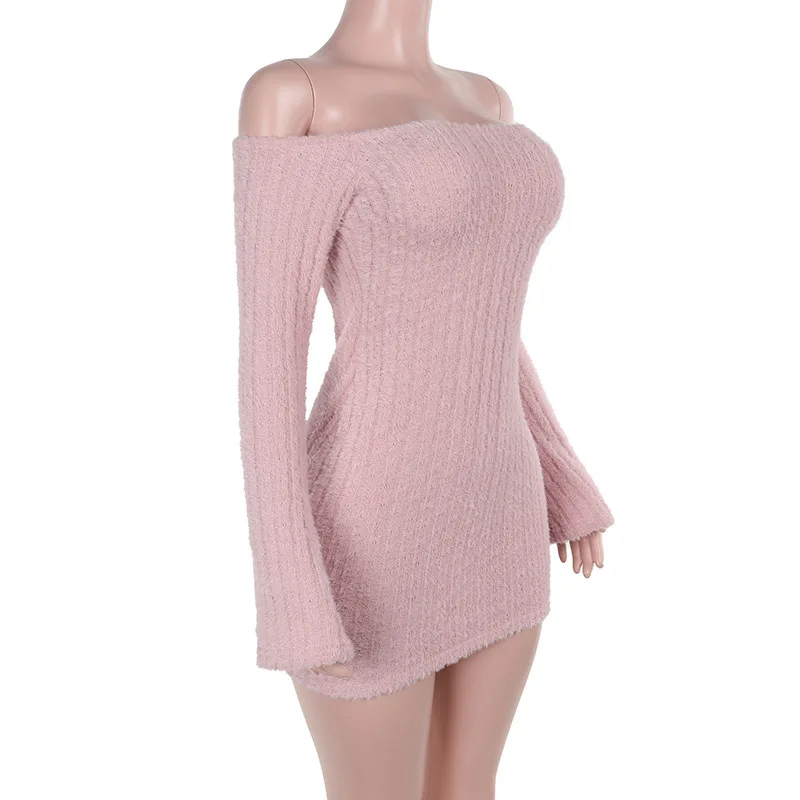 Spicy One-oulder Women's Dress High Waist Bodycon Short Skirt Long Sleeve Polyester Fabric Pure Color Elegant Lady Dresses Spicy One-oulder Women's Dress High Waist Bodycon Short Skirt Long Sleeve Polyester Fabric Pure Color Elegant Lady Dresses