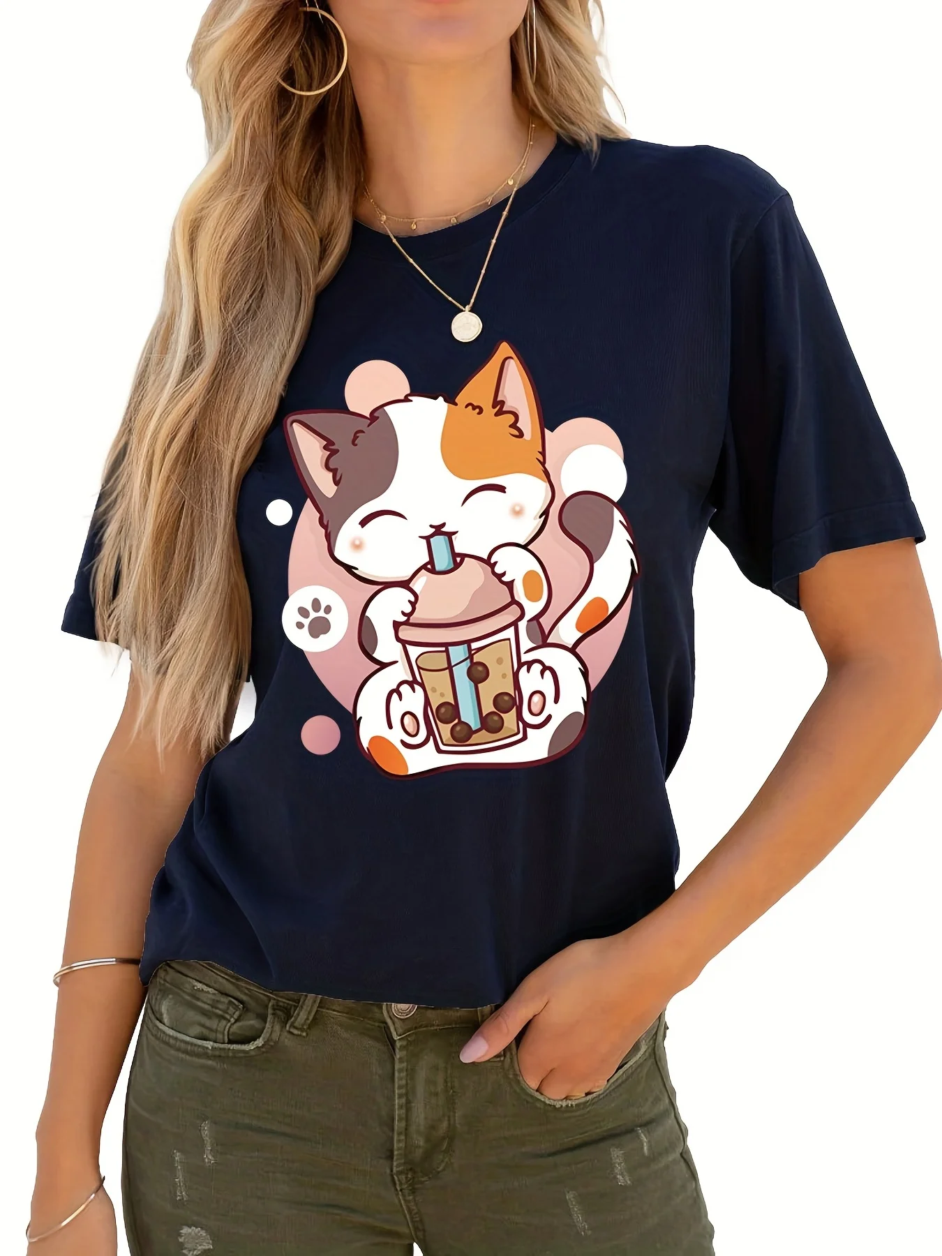Kawaii Cat Bubble Tea Anime Print Crew Neck T-Shirt - Women's Short Sleeve Top for Spring & Summer 
Kawaii Cat Bubble Tea Anime Print Crew Neck T-Shirt - Women's Short Sleeve Top for Spring & Summer