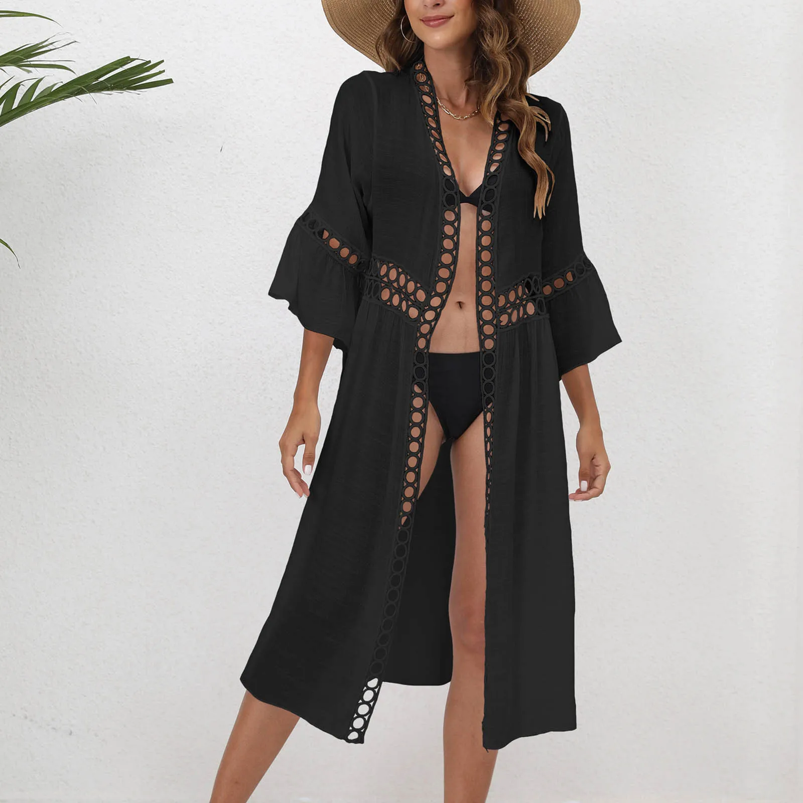 

Cover-Ups Womens Seaside Resort Beach Blouse Loose 3/4 Sleeve Lace Splicing Sunscreen Cardigan Maxi Dresses Summer Suit Swimsuit