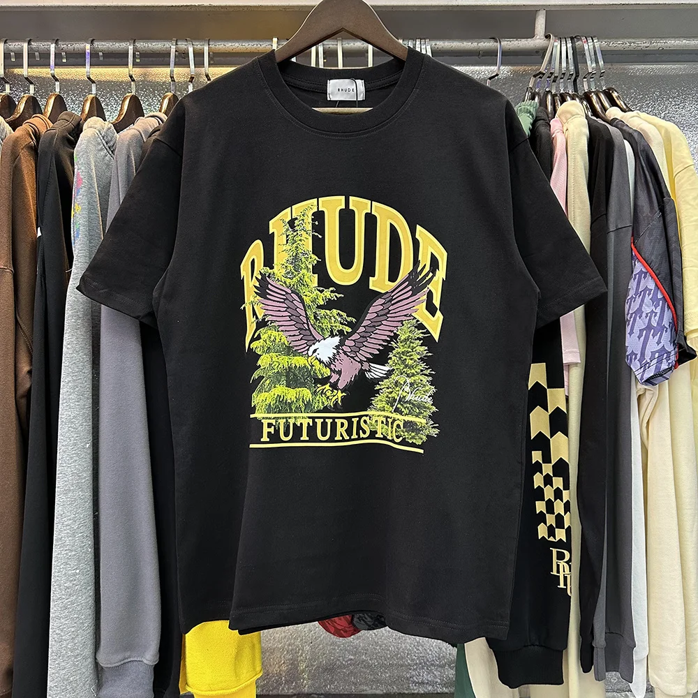 

RHUDE New Hip Hop Letters Eagle Printing Classic Logo TShirt Men Women Couple Black White Apricot T-Shirt Oversized Top With Tag