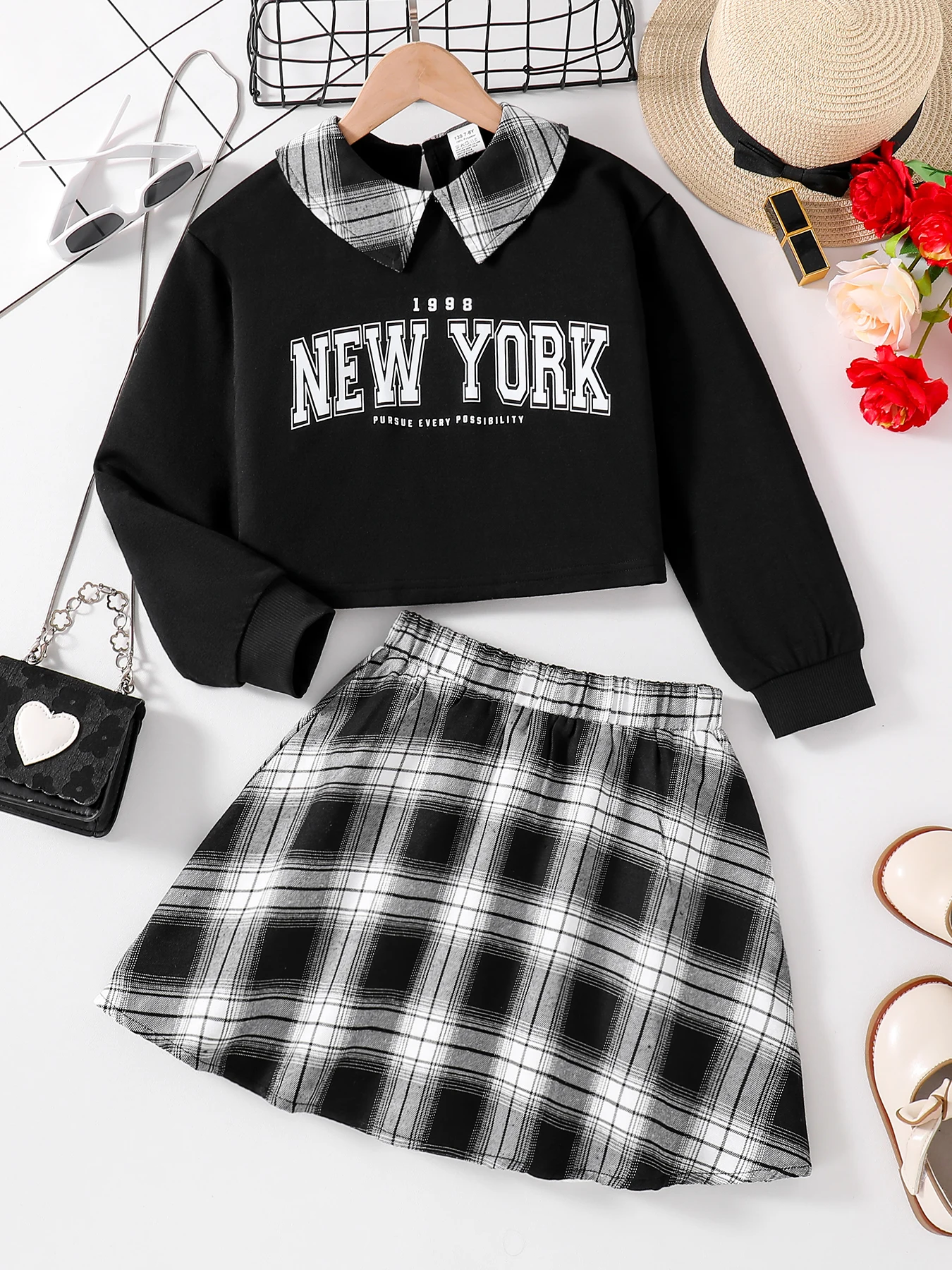 الفتيات أزياء عارضة 2 قطعة مجموعة طية صدر السترة السوداء بأكمام طويلة إلكتروني طباعة قميص منقوشة تنورة ربيع الخريف جديد الفتيات أزياء عارضة 2 قطعة مجموعة طية صدر السترة السوداء بأكمام طويلة إلكتروني طباعة قميص منقوشة تنورة ربيع الخريف جديد