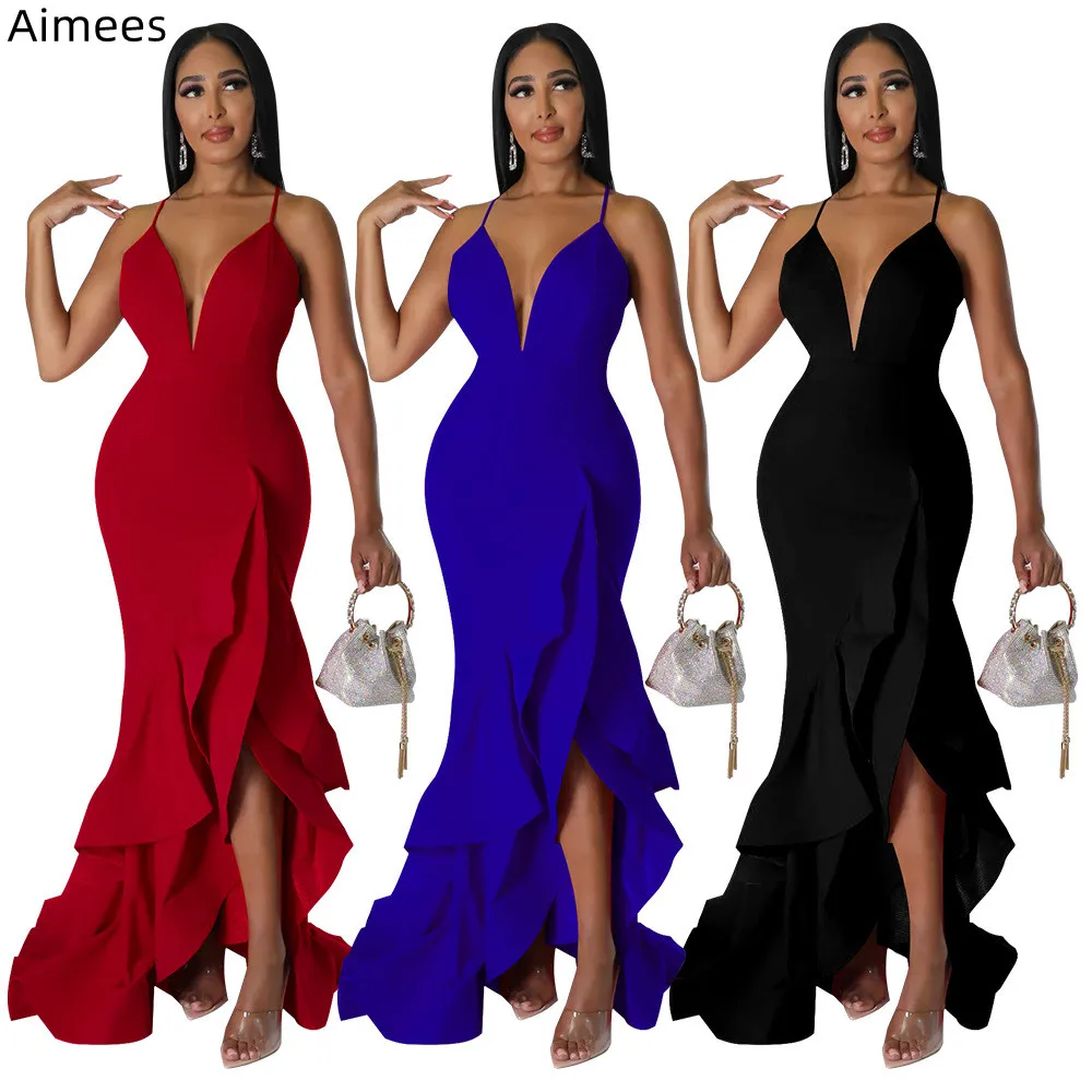 

2022 Newest Charming Women Backless Evening Dress Sexy Split Ruffles V Neck Spaghetti Party Gowns Floor Length Birthday Clothing