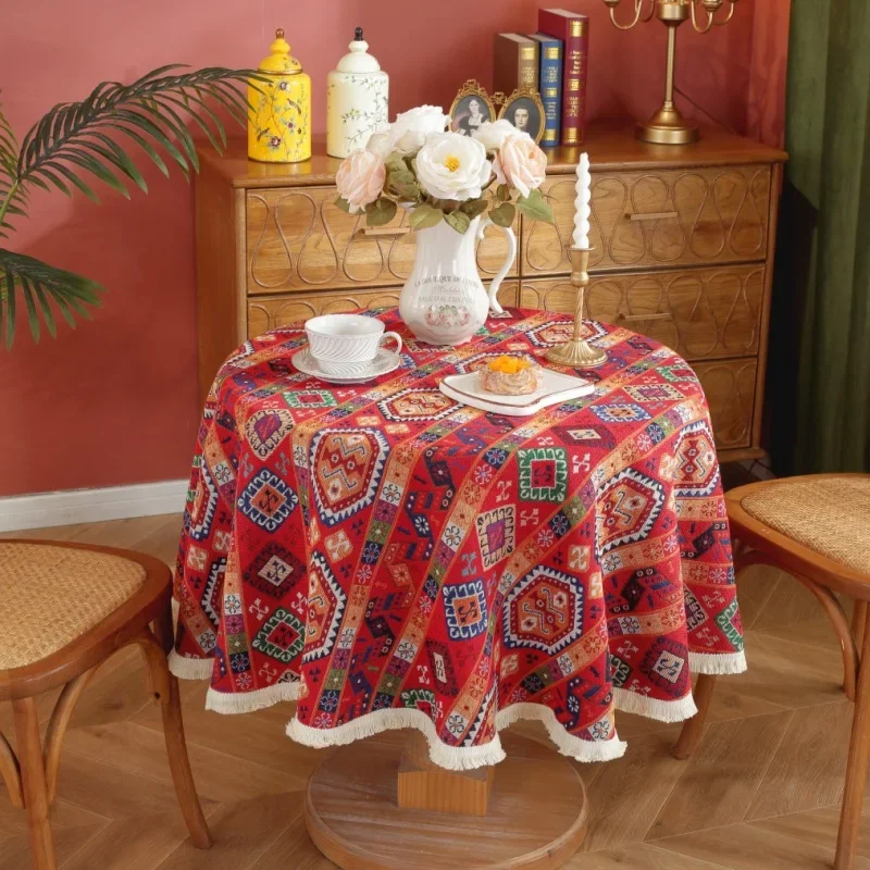 

European Classical Red Jacquard Round Tablecloth Pastoral Fresh Table Cover Table Cloth Wedding Celebration Table Decoration