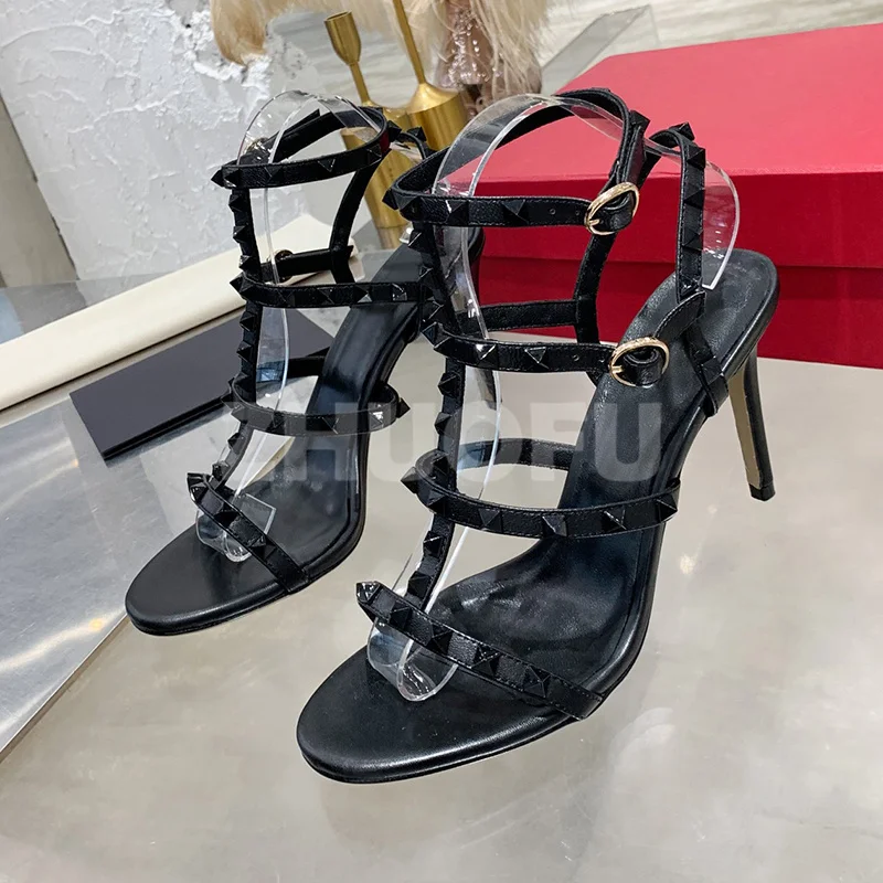 

Summer 2024 New Style Women Sandals Peep Toe Two Metal Ankle Buckle Rivet Decor Female Shoes Senior Luxury High Heels Sandals