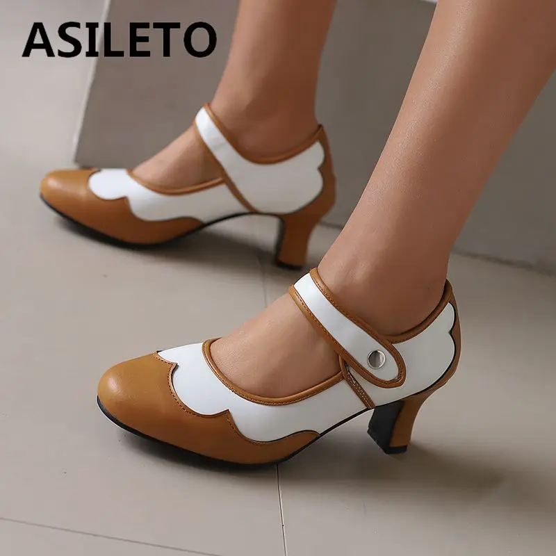 

ASILETO New Women Pumps Round Toe Glass Heels Buckle Straps Mixed Color Plus Size 46 47 48 Sweet Mary Janes Shoes for Female