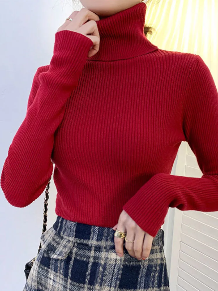 

New 2024 Women Pullover Turtleneck Sweater Autumn Long Sleeve Slim Elastic Korean Simple Basic Cheap Jumper Solid Color Top