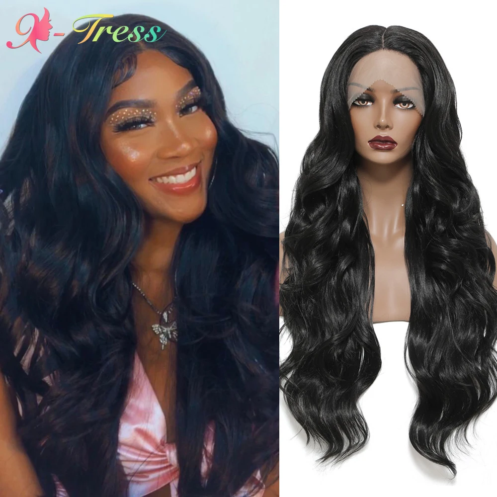 

X-TRESS Synthetic Lace Front Wigs for Black Women Natural Black 28inch Long Body Wave Middle Part Lace Wig Heat Resistant Fiber