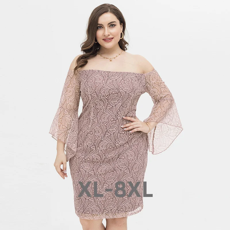 

Plus Size Women Elegant Lace Dresses Fashion Strapless Sexy Midi Dress Large Size Female Flare Sleeve Evening 3xl 4xl 5xl 6xl