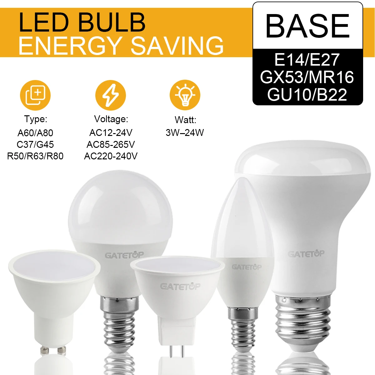 

Energy Saving LED Bulbs AC220-240V 3W 5W 7W 9W LED Bulb E27 E14 GU10 MR16 GX53 Spotlight Flicker-free