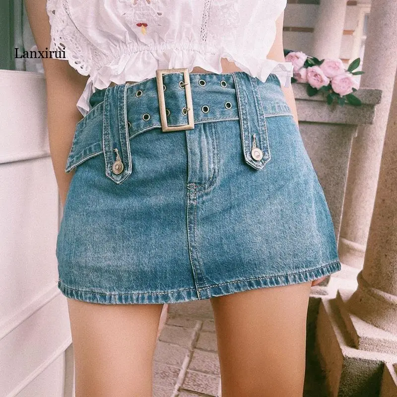 

Vintage Woman Skirts Goth Skirt Korean Style Y2K Sashes Straight Denim Mini Skirts Fashion Clothing Ladies Bottoms