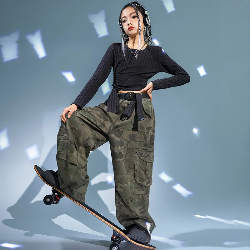 

Girls Jazz Dance Clothes Kid Streetwear Costume Cropped Shirt Loose Camo Pants Hip Hop Dance Performance Costume Kpop Stage Wear