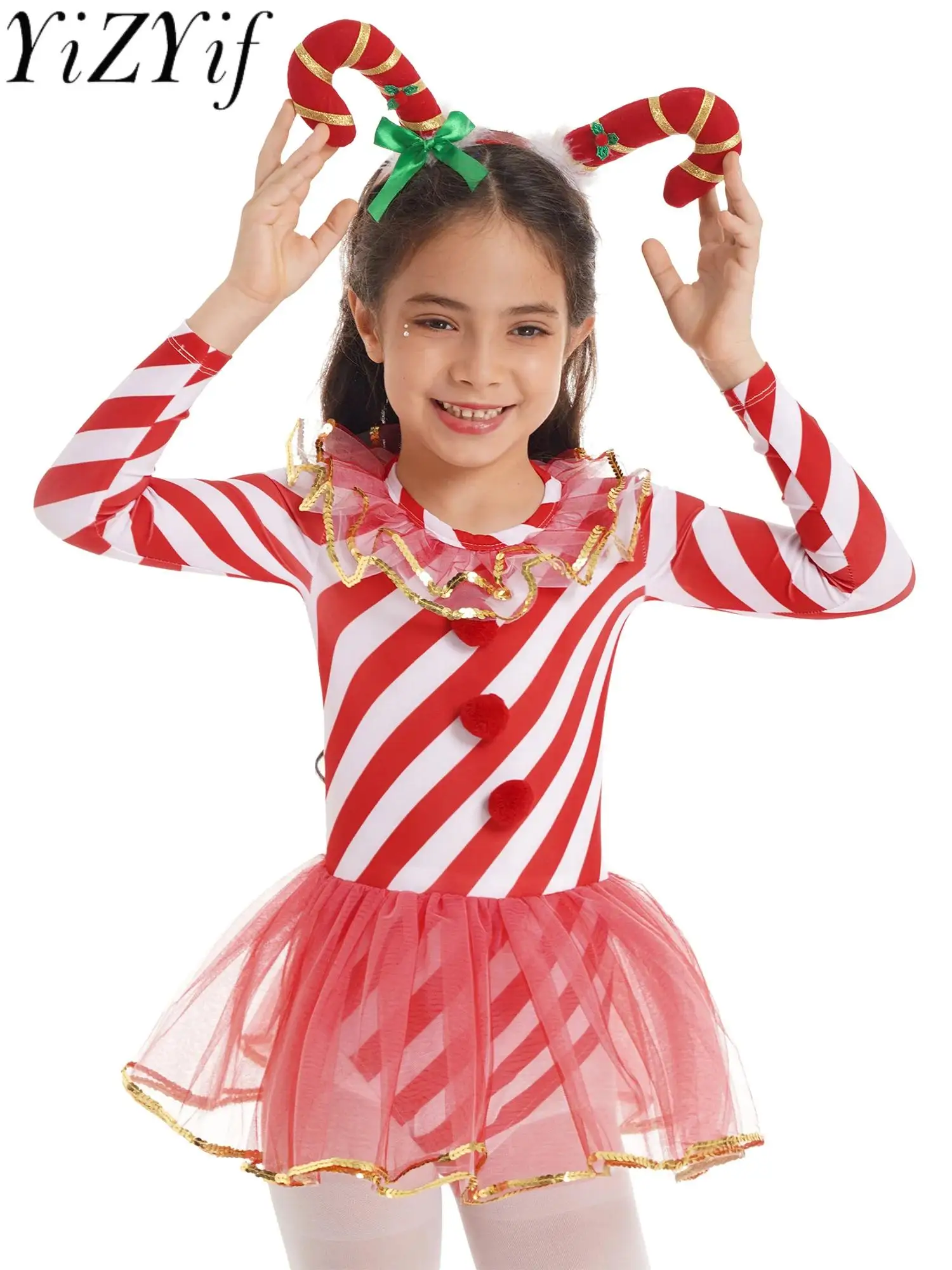 

Kid Girls Candy Cane Elf Christmas Costume Stripes Ballet Dance Figure Ice Skating Tutu Dress Xmas New Year Santa Clause Leotard