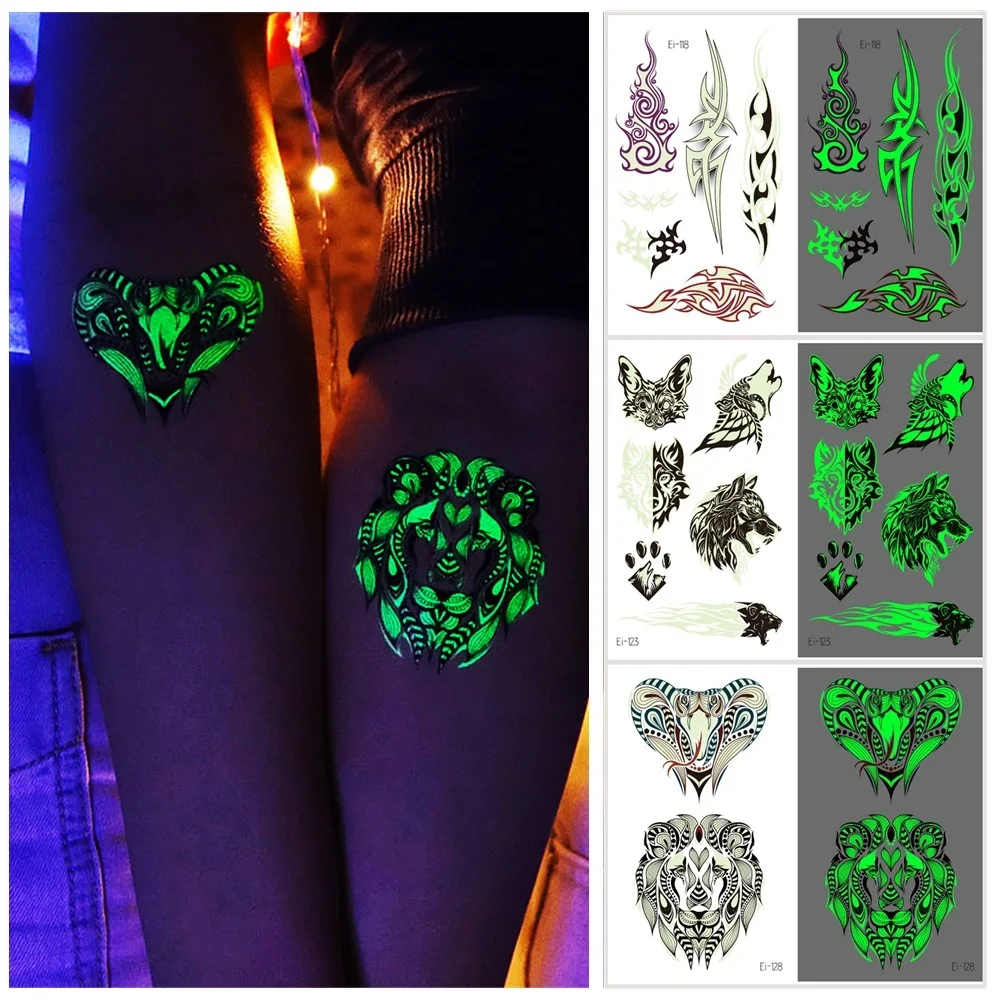 

Man Women Luminous Totem Tattoo Temporary Waterproof Fake Tattoos Glow Face Arm Leg Stickers Flame Tiger lion Eagle Cool Club