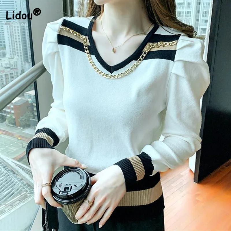 Fashion All-match Chain Spliced Short Tops for Female Autumn Winter Casual Korean Puff Sleeve Knitted T-shirt Women's Clothing
Fashion All-match Chain Spliced Short Tops for Female Autumn Winter Casual Korean Puff Sleeve Knitted T-shirt Women's Clothing