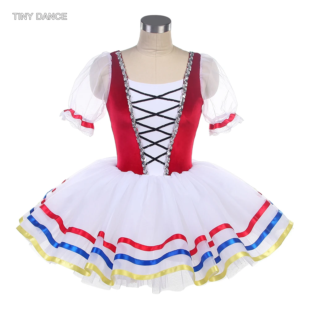 

Ballet Dance Tutu Adult Girls Short Sleeves Ballerina Costumes Women Red Velvet Bodice with Puffy Tulle Tutus Skirt Female