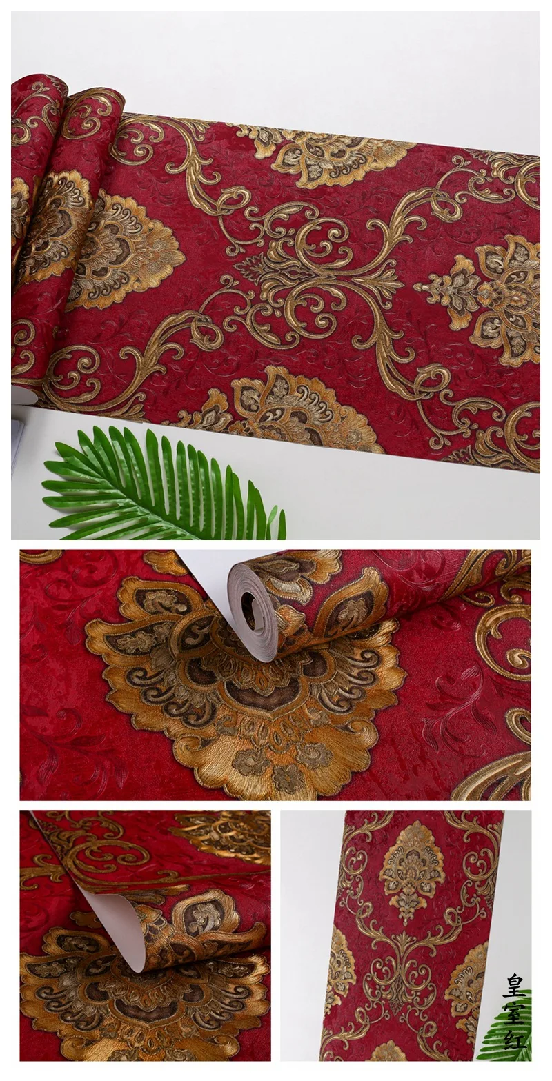 Generic Luxury Red Damask Wllpaper Retro 3D Stereo European Floral Wallpaper Damascus Bedroom