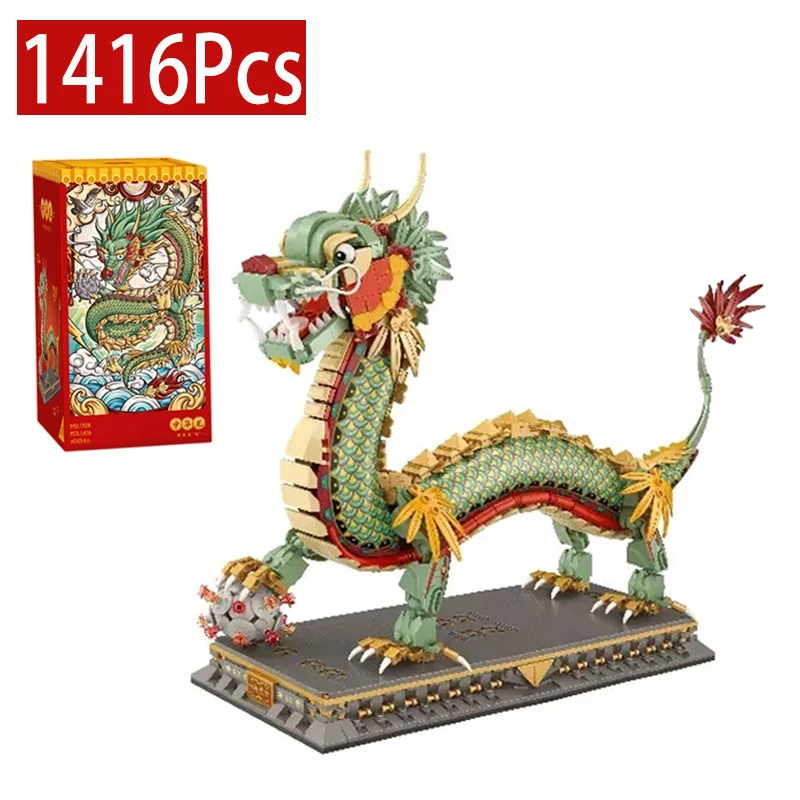 

1416 Pcs Dinosaur Chinese Dragon Model Building Blocks Creative Mini Decoration Bricks Animal Toys With Base Kids Adults Gifts