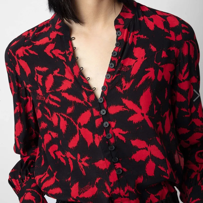 

Женские топы Zadig, блузки, рубашки с черными, красными кленовыми листьями, повседневная женская одежда на пуговицах с длинным рукавом, шикарная элегантная рубашка, новинка 2023