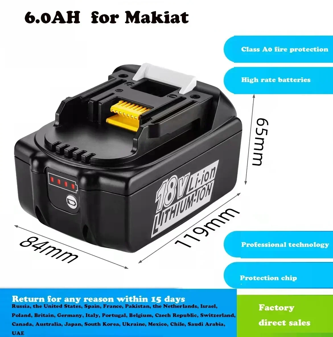 

Latest Upgraded BL1860 Rechargeable Battery 18V 6000mAh Lithium ion for Makita 18v Battery BL1840 BL1850 BL1830 BL1860B LXT 400