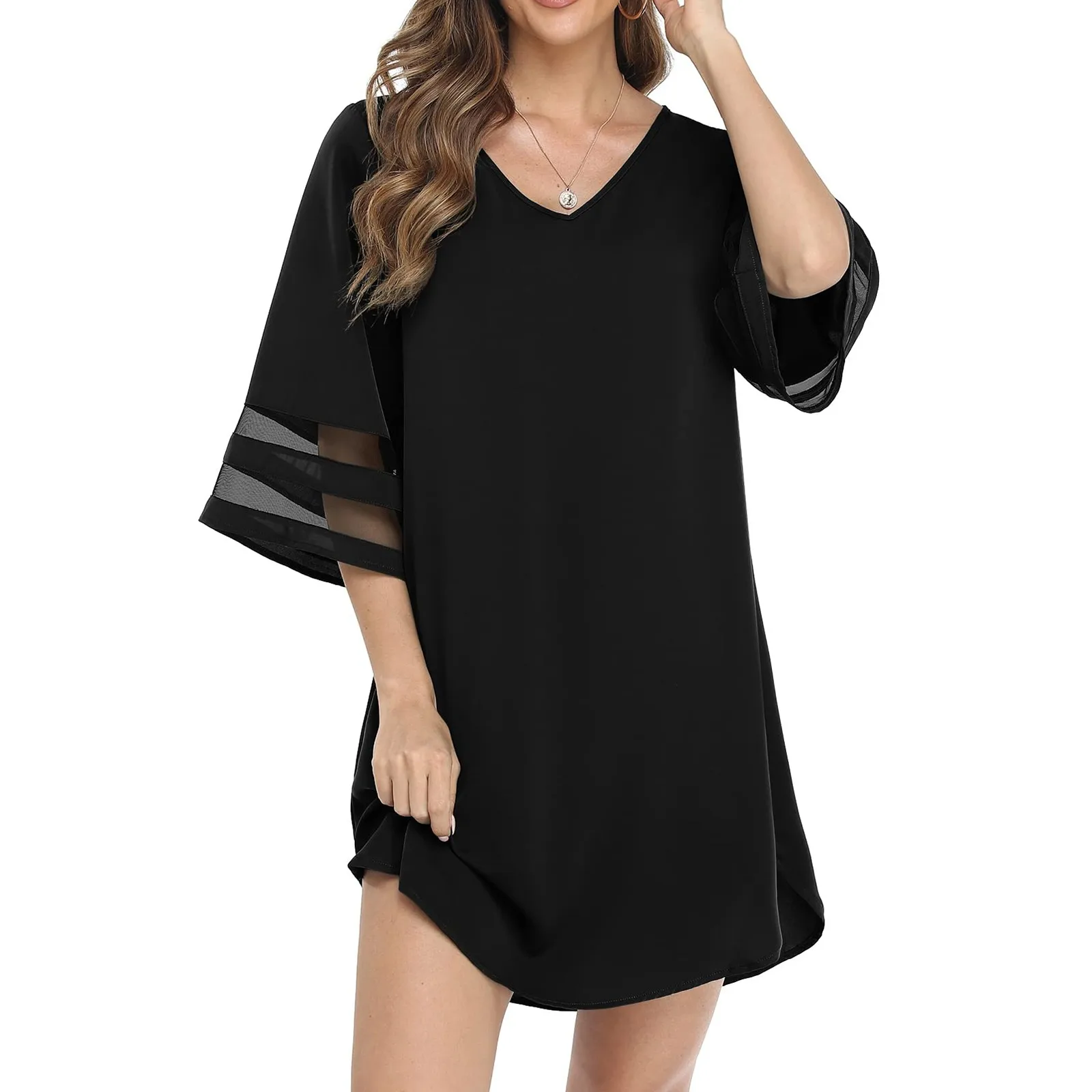 Women Summer Dress Chiffon Bell Sleeve Covers Up Dresses Casual V Neck Mesh Elegant Panel Mini Daily Wear Sundress For Women 
Women Summer Dress Chiffon Bell Sleeve Covers Up Dresses Casual V Neck Mesh Elegant Panel Mini Daily Wear Sundress For Women