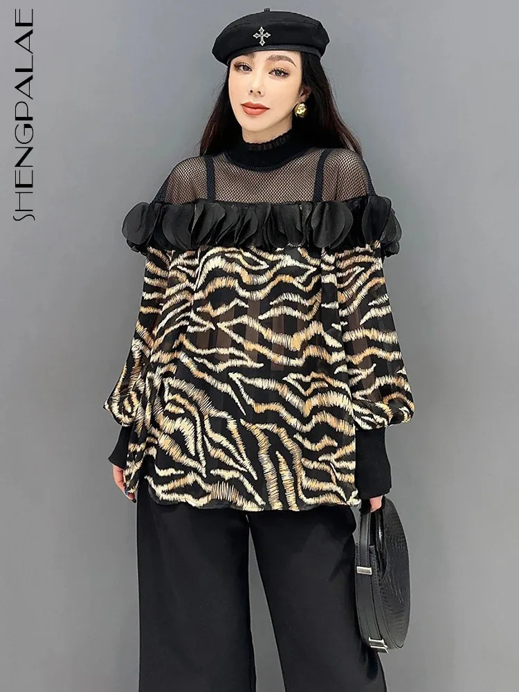 

SHENGPALAE 2024 Spring New Chiffon Shirt For Women Mesh Spliced O-neck Full Sleeve Striped Niche Design Blouse Top Female 5R9218