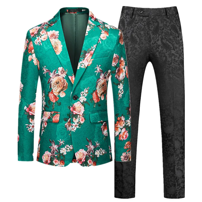 

( Jacket +Pant ) Men Jacquard Suit 2 Piece Set Green / Yellow / Black Fashion Men's Wedding Dance Party Flower Blazer Trouser