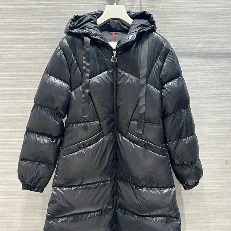 

Новинка Зима 2024, длинный женский пуховик, модное облегающее пальто с гусиным пухом на талии, теплая пуховая куртка с капюшоном для женщин