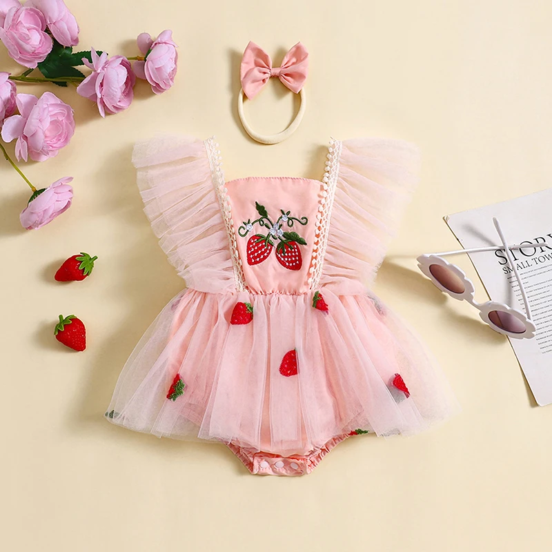 

Suefunskry Baby Girls Sweet Summer Romper Dress Square Neck Flying Sleeve Strawberry Embroidery Romper with Headband Set