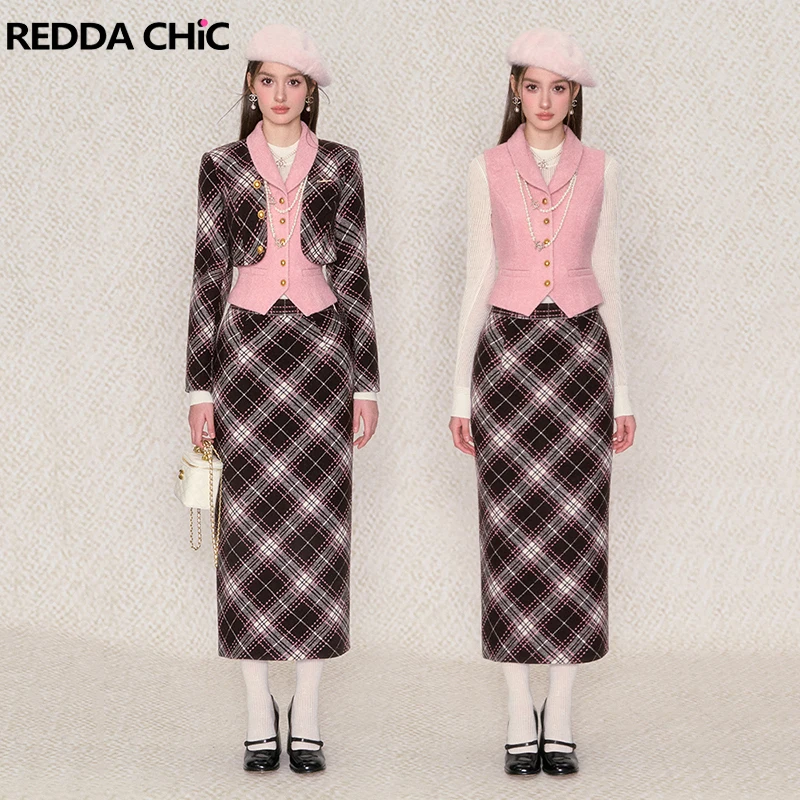 

REDDACHiC Women Plaid Long Skirt with Slit Back Korean Casual High Waist Straight Tweed Skirt Winter 90s Retro Y2k Streetwear